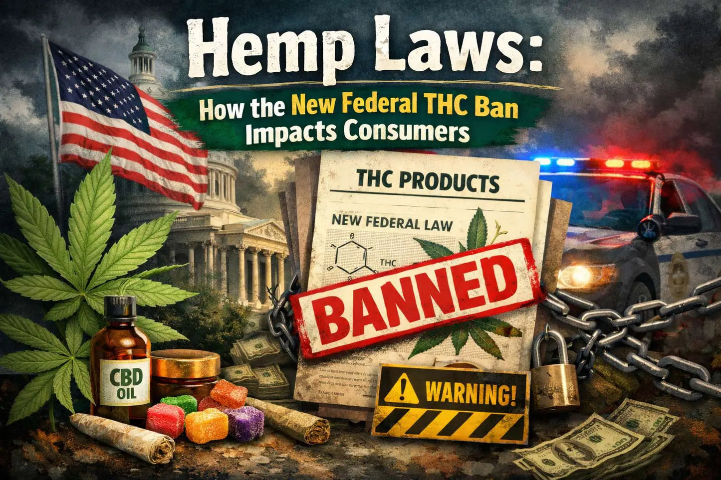 Hemp and THC products banned under new federal law illustration.